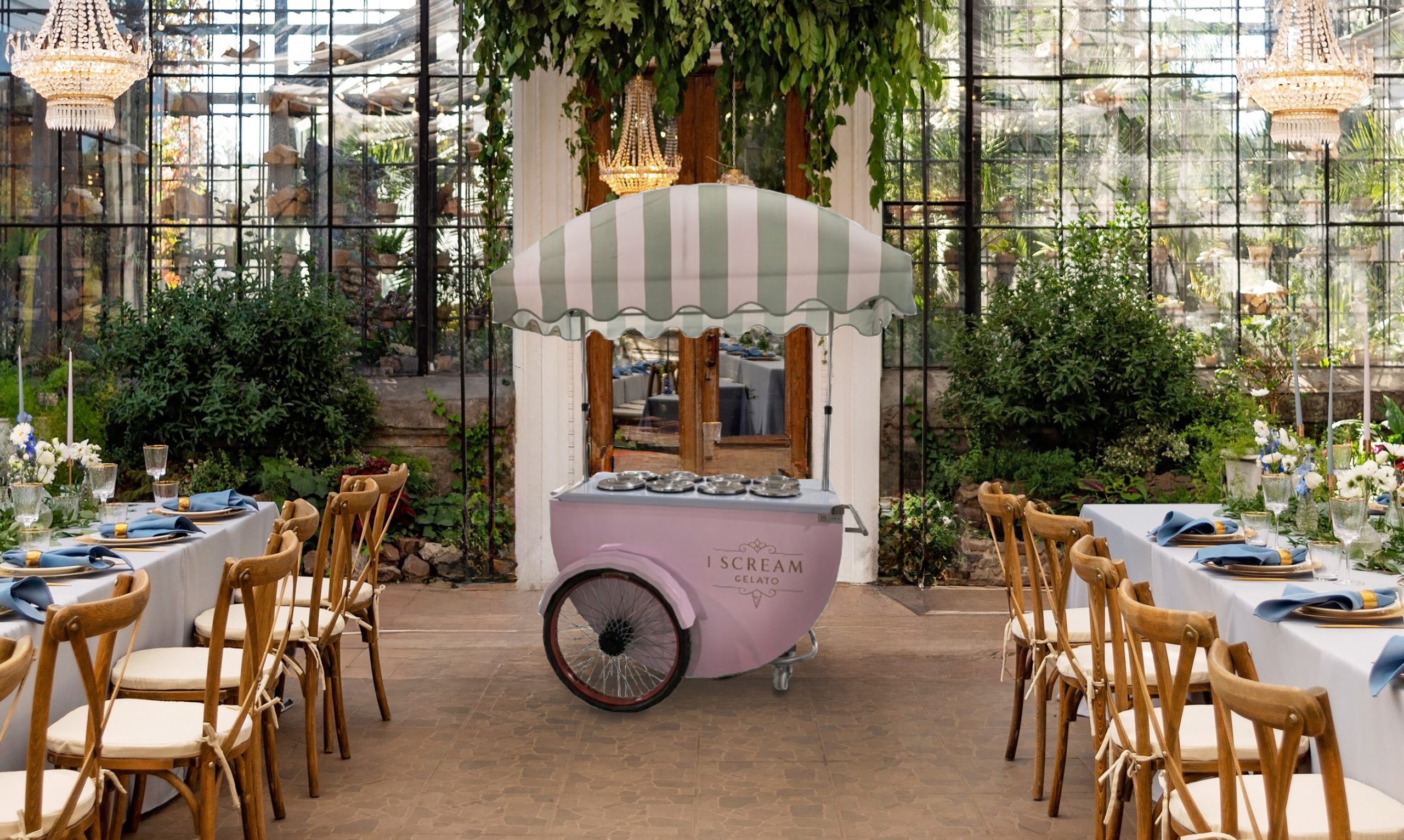 Pink I Scream Gelato cart with a green and white striped umbrella